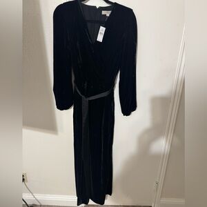 LOFT Black Long Sleeve Velvet jumper with satin belt .